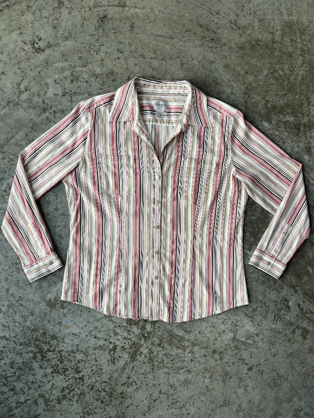 Chico's Retro Striped Button Down Shirt Long Sleeve Multi-Color Earth Tones 2